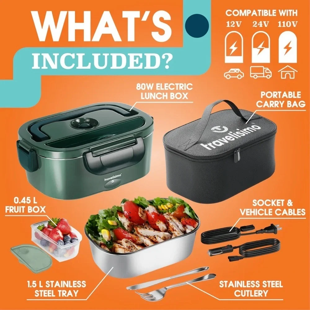 Travelismo Bari Electric Lunch Box + Carry Bag in Dark Green